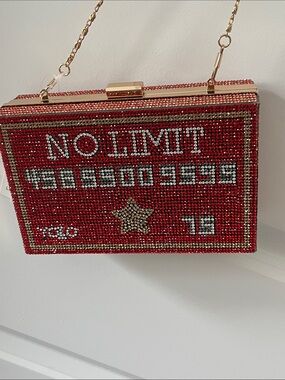 Caleesa Vegan Red Crystal 'No Limit' Box Clutch /Crossbody with Gold Chain Strap